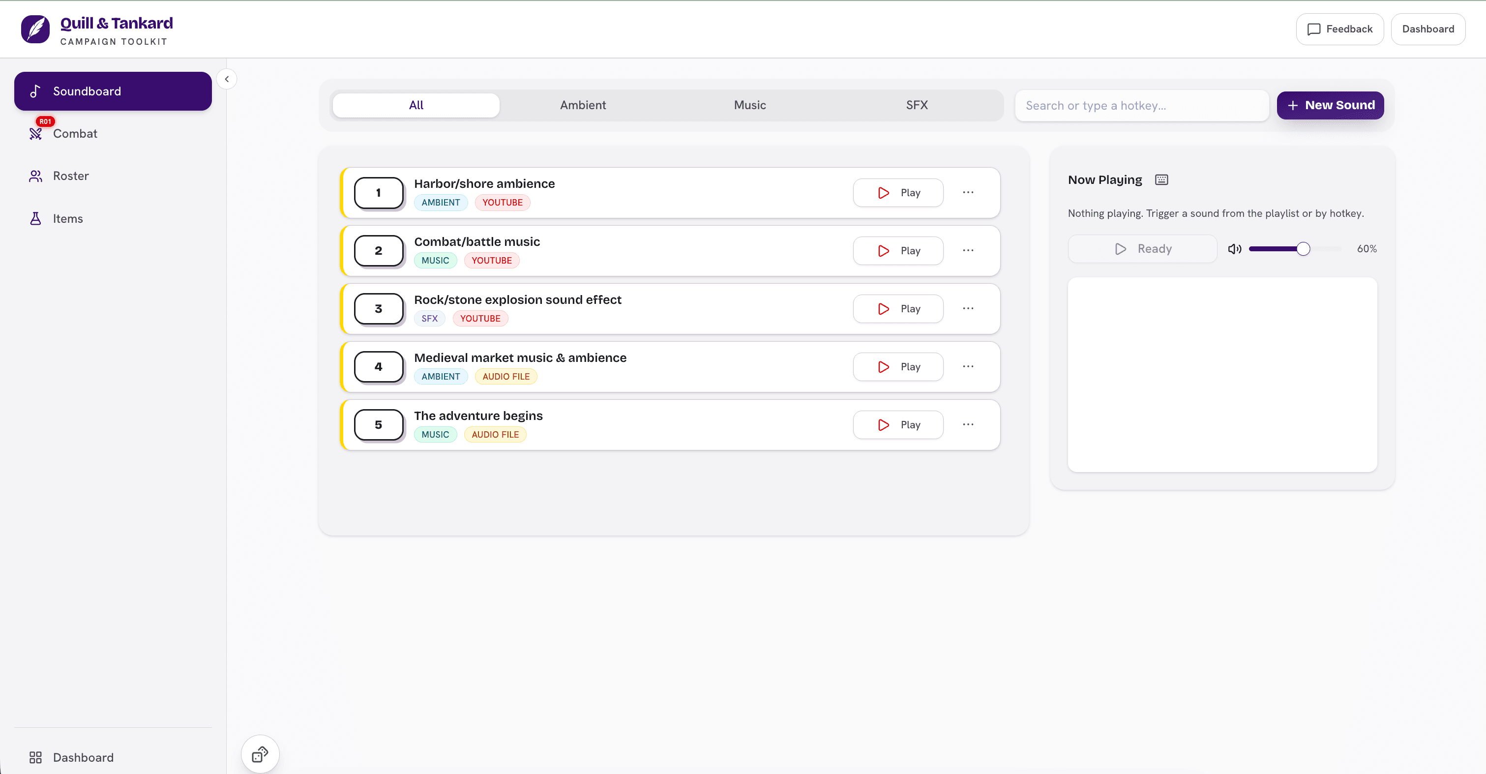 The Soundboard with five Sounds queued, hotkeys 1 through 5, and the Now Playing panel.